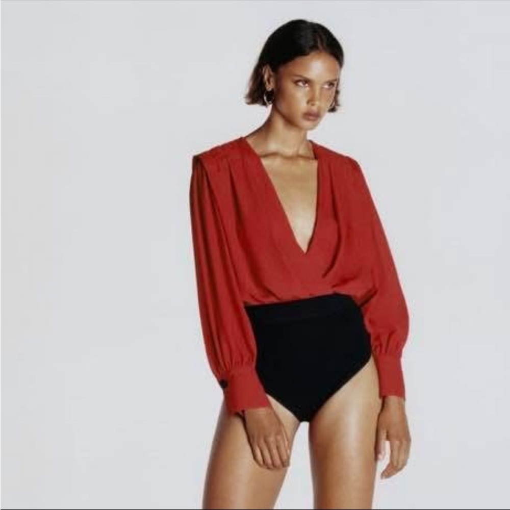 Zara Red Draped Deep V Long Sleeve Bodysuit XS